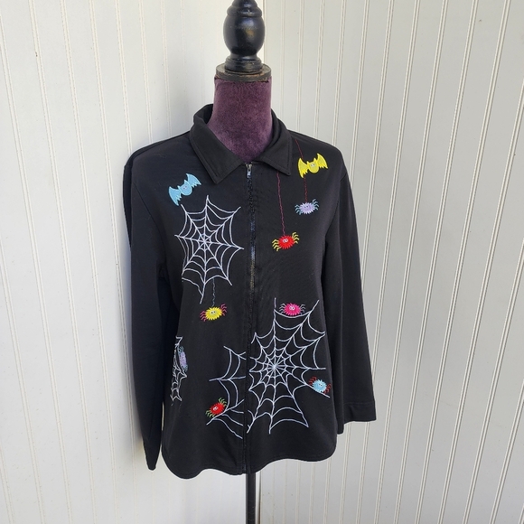 ONQUE CASUALS ACCENTED ZIP FRONT TOP/ JACKET FUN PARTY Spiders Web Haloween Sz L - Picture 1 of 13